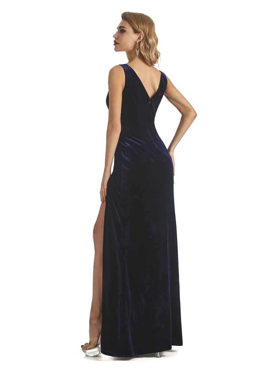 Sexy Side Slit Spaghetti Straps V-Neck Velvet Long Bridesmaid Dresses Online