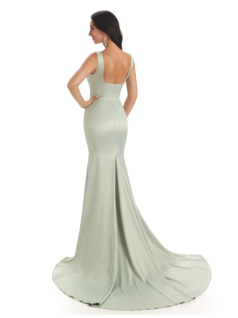 Soft Satin Unique Square Sleeveless Long Mermaid Prom Dresses Online