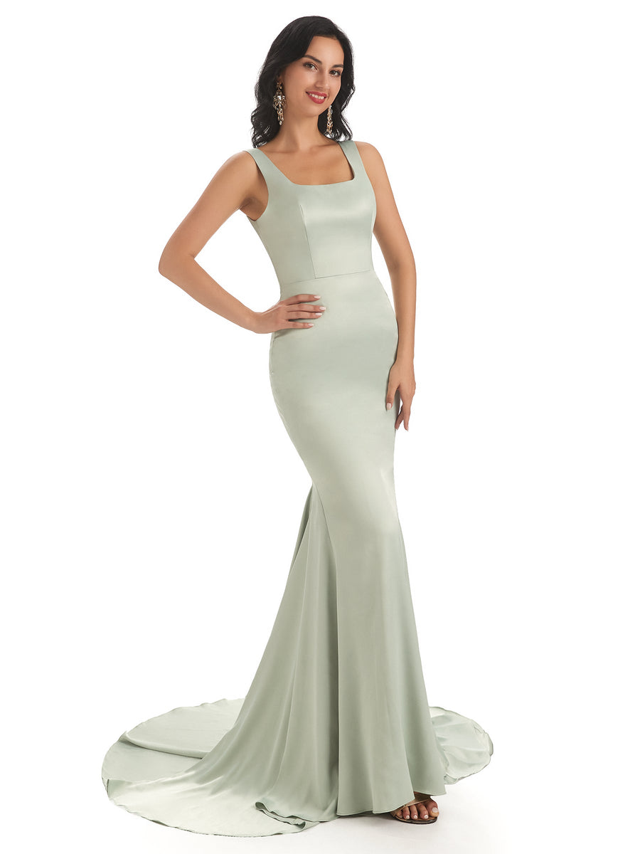 Soft Satin Unique Square Sleeveless Long Mermaid Prom Dresses Online