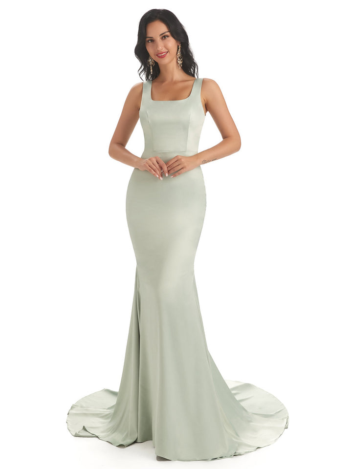 Soft Satin Unique Square Sleeveless Long Mermaid Prom Dresses Online