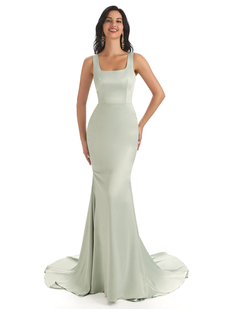 Soft Satin Unique Square Neckline Maxi Long Mermaid Bridesmaid Dresses