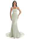 Soft Satin Unique Square Sleeveless Long Mermaid Prom Dresses Online