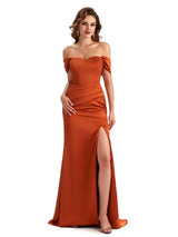 Soft Satin Side Slit Off The Shoulder Mermaid Long Unique Formal Elegant Evening Dresses