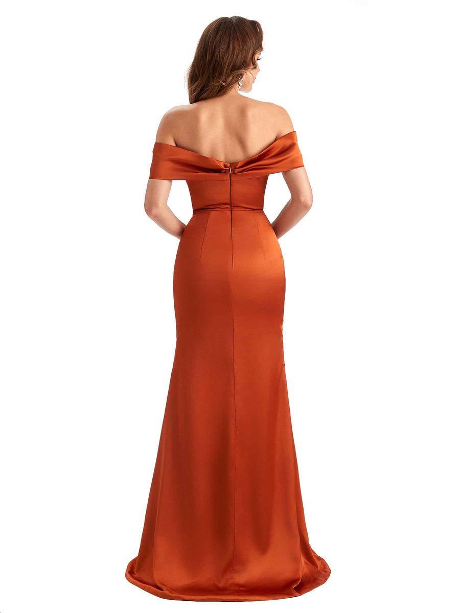 Soft Satin Side Slit Off The Shoulder Mermaid Long Unique Bridesmaid Dresses