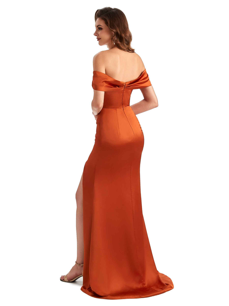 Soft Satin Side Slit Off The Shoulder Mermaid Long Unique Bridesmaid Dresses