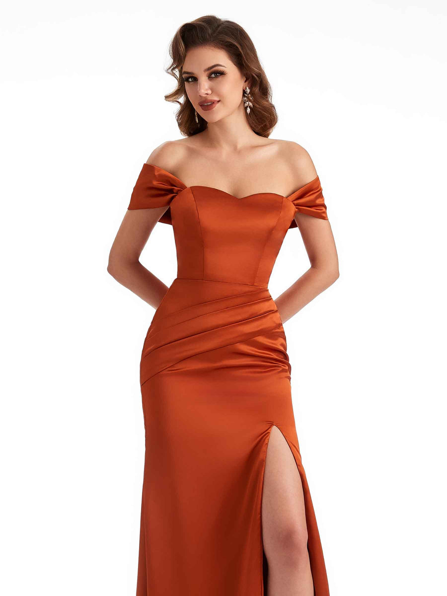 Soft Satin Side Slit Off The Shoulder Mermaid Long Unique Bridesmaid Dresses