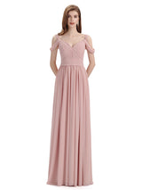 Simple Off-shoulder Chiffon Floor-Length Long Bridesmaid Dresses