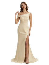 Elegant Asymmetrical Neck Soft Satin Side Slit Long Mermaid Bridesmaid Dresses