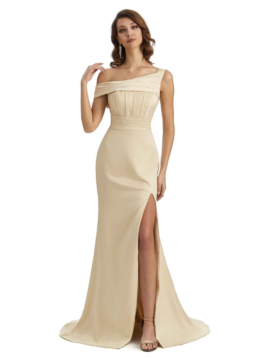 Elegant Asymmetrical Neck Soft Satin Side Slit Long Mermaid Bridesmaid Dresses