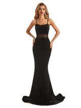 Sexy Velvet Mermaid Spaghetti Strap See Through Black Long Party Prom Dresses