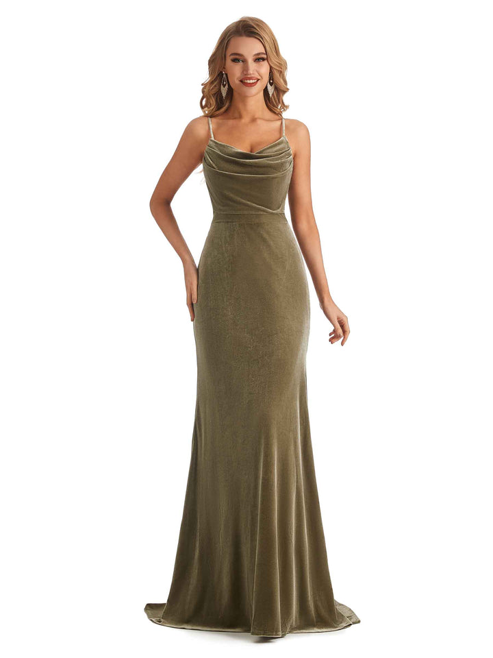 Elegant Mermaid Spaghetti Straps Cowl Velvet Side Slit Long Wedding Guest Dresses