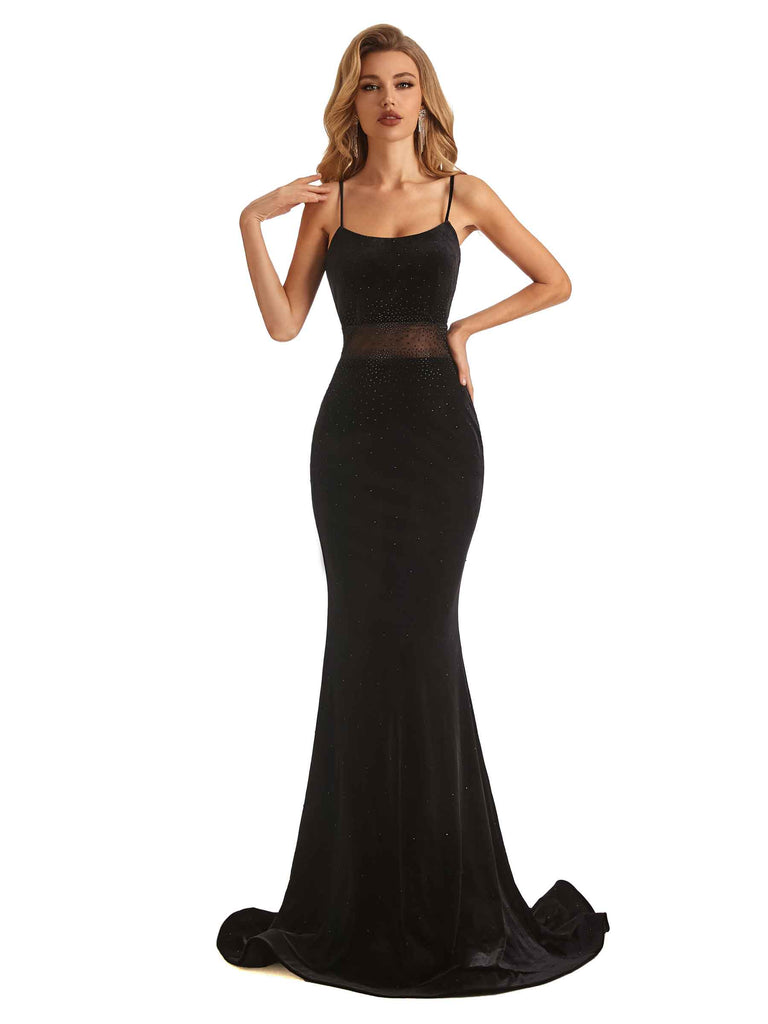 Sexy Velvet Mermaid Spaghetti Strap See Through Black Long Party Prom Dresses