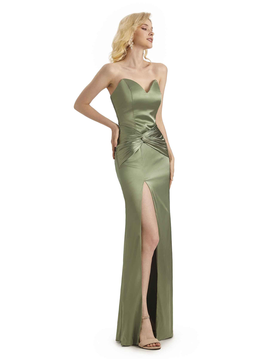 Sexy Soft Satin Side Slit Sweetheart Unique Mermaid Long Bridesmaid Dresses Online