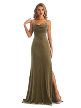 Elegant Mermaid Spaghetti Straps Cowl Velvet Side Slit Long Wedding Guest Dresses