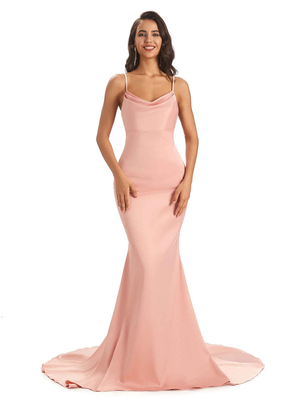 Sexy Soft Satin Spaghetti Straps Long Mermaid Prom Dresses For Women