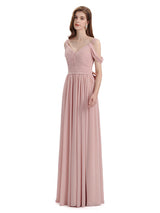 Simple Off-shoulder Chiffon Floor-Length Long Bridesmaid Dresses