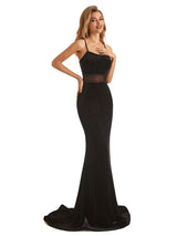 Sexy Velvet Mermaid Spaghetti Strap See Through Black Long Party Prom Dresses