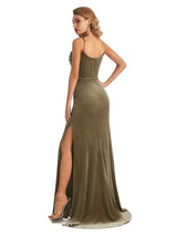 Elegant Mermaid Spaghetti Straps Cowl Velvet Side Slit Long Wedding Guest Dresses