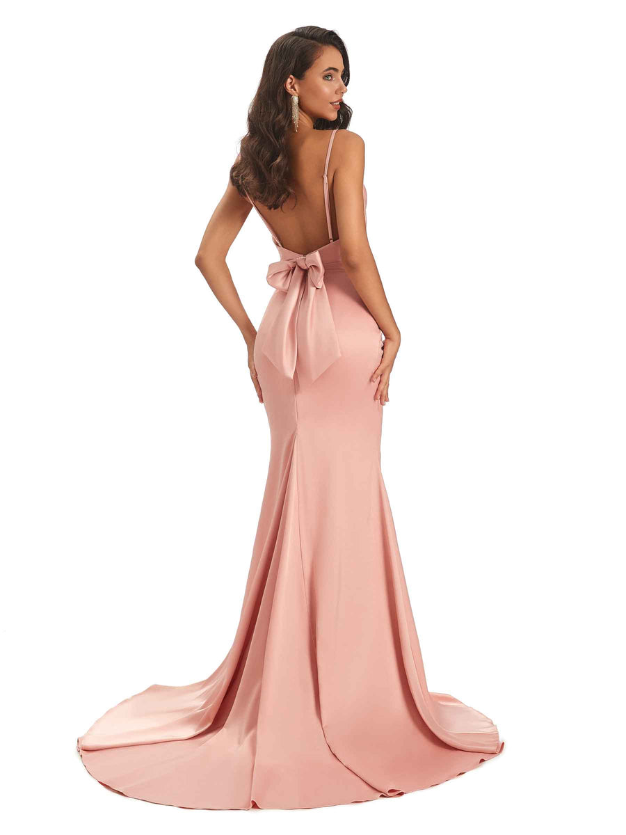 Sexy Backles Soft Satin Spaghetti Straps Maxi Mermaid Bridesmaid Dresses Online