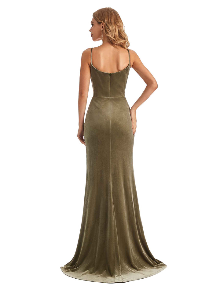 Elegant Mermaid Spaghetti Straps Cowl Velvet Side Slit Long Wedding Guest Dresses
