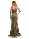 Elegant Mermaid Spaghetti Straps Cowl Velvet Side Slit Long Bridesmaid Dresses