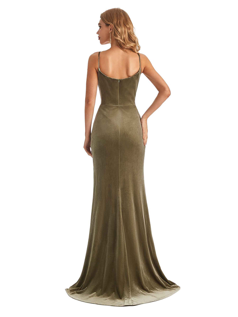 Elegant Mermaid Spaghetti Straps Cowl Velvet Side Slit Long Bridesmaid Dresses - ChicSew Elegant Mermaid Spaghetti Straps Cowl Velvet Side Slit Long Bridesmaid Dresses - ChicSew