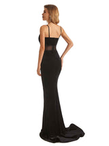 Sexy Velvet Mermaid Spaghetti Strap See Through Black Long Party Prom Dresses