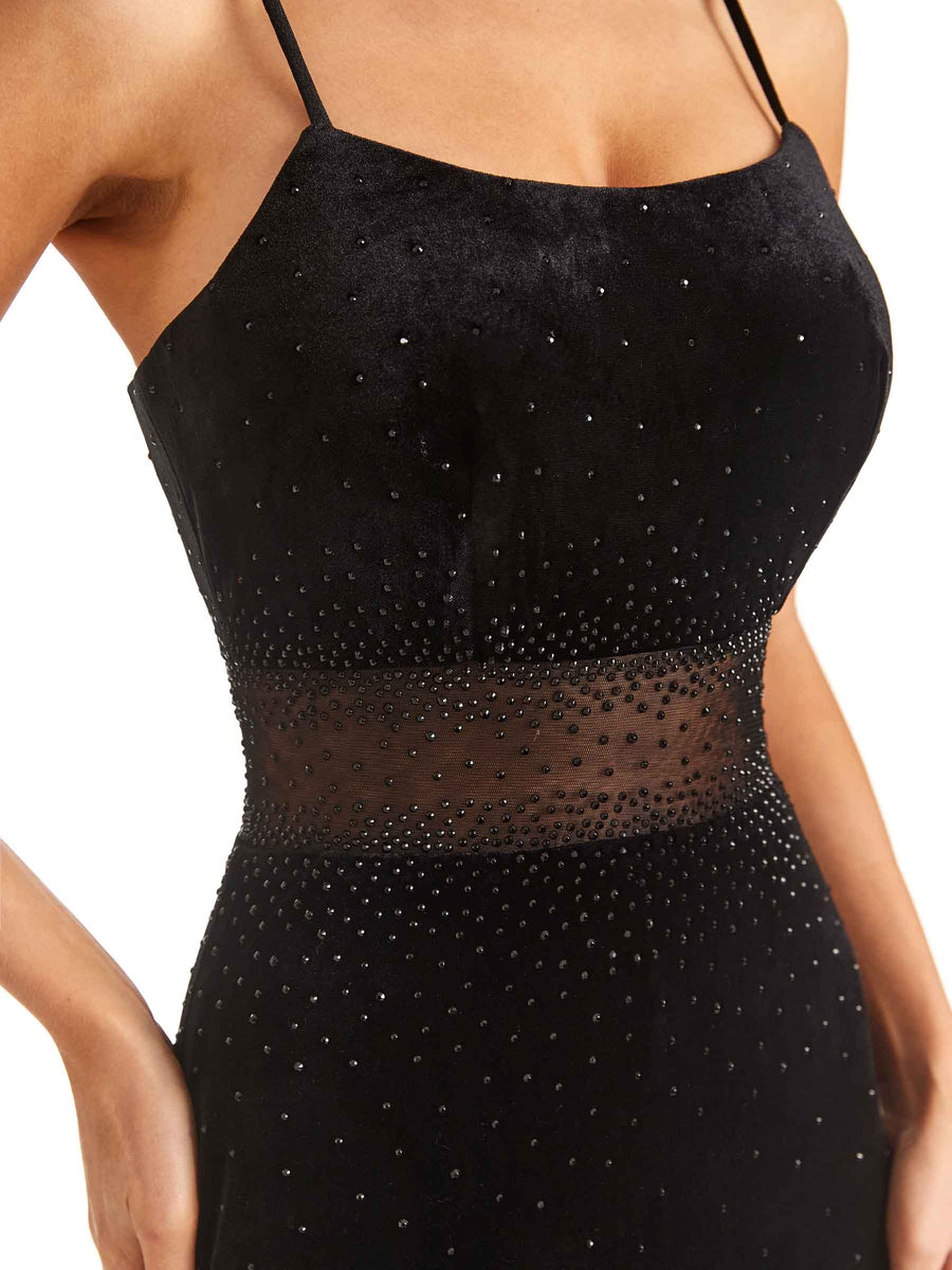 Sexy Velvet Mermaid Spaghetti Strap See Through Black Long Party Prom Dresses