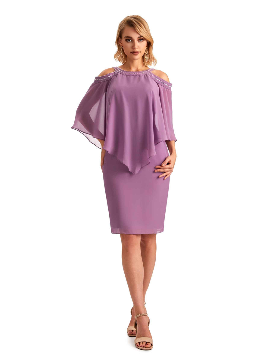 Elegant Chiffon Beaded Bat Sleeves Knee Length Midi Short Mother of The Bride Dresses