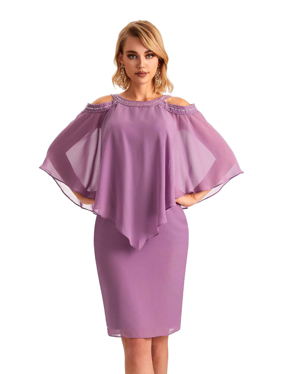 Elegant Chiffon Beaded Bat Sleeves Knee Length Midi Short Mother of The Bride Dresses
