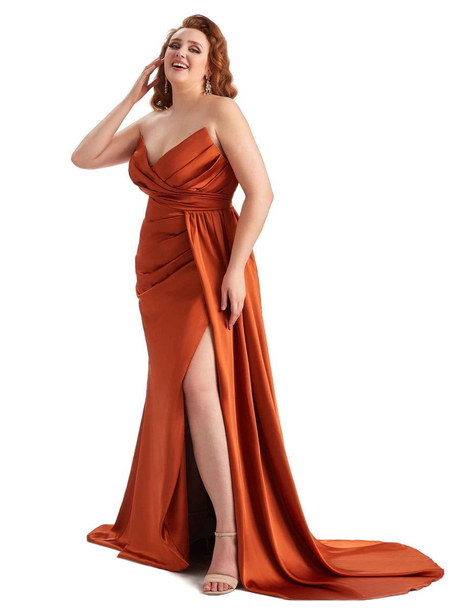 Sexy V-neck Side Slit Mermaid Soft Satin Long Plus Size Bridesmaid Gowns