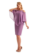 Elegant Chiffon Beaded Bat Sleeves Knee Length Midi Short Mother of The Bride Dresses