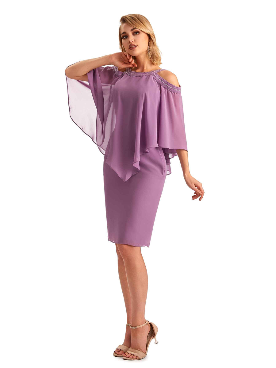 Elegant Chiffon Beaded Bat Sleeves Knee Length Midi Short Mother of The Bride Dresses