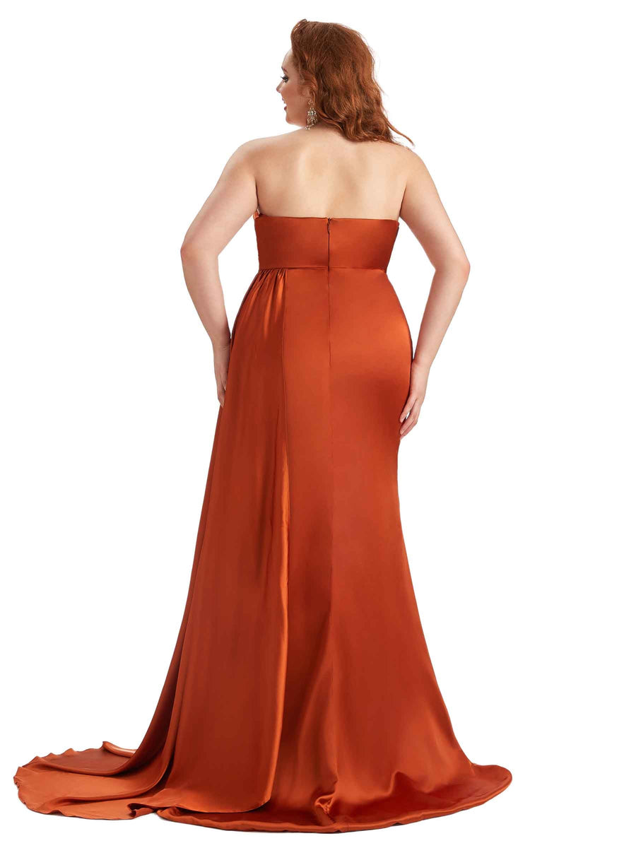 Sexy V-neck Side Slit Mermaid Soft Satin Long Plus Size Bridesmaid Gowns