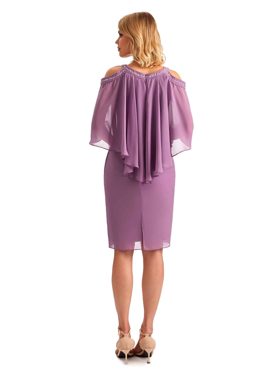 Elegant Chiffon Beaded Bat Sleeves Knee Length Midi Short Mother of The Bride Dresses