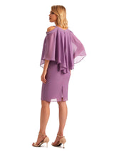 Elegant Chiffon Beaded Bat Sleeves Knee Length Midi Short Mother of The Bride Dresses