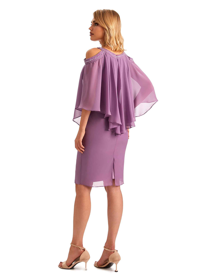 Elegant Chiffon Beaded Bat Sleeves Knee Length Midi Short Mother of The Bride Dresses
