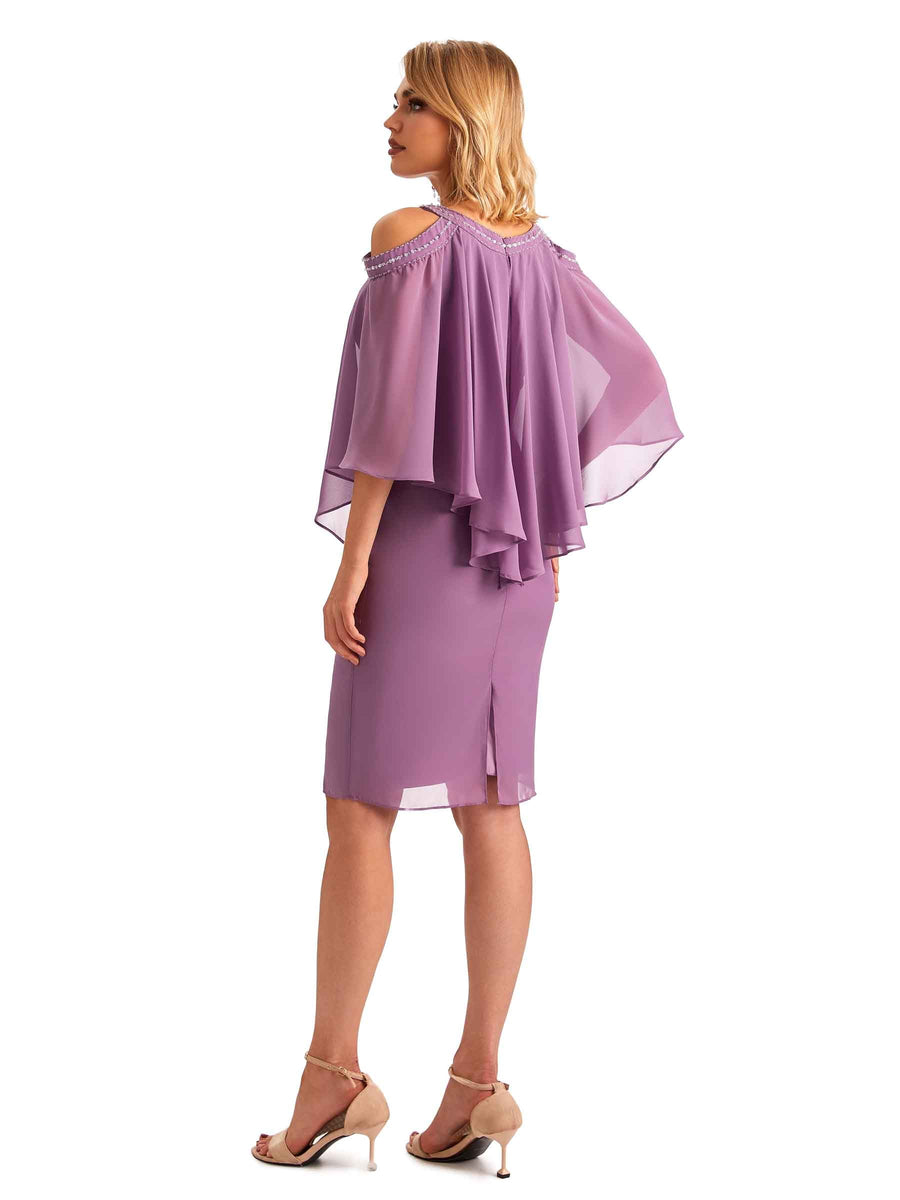 Elegant Chiffon Beaded Bat Sleeves Knee Length Midi Short Mother of The Bride Dresses