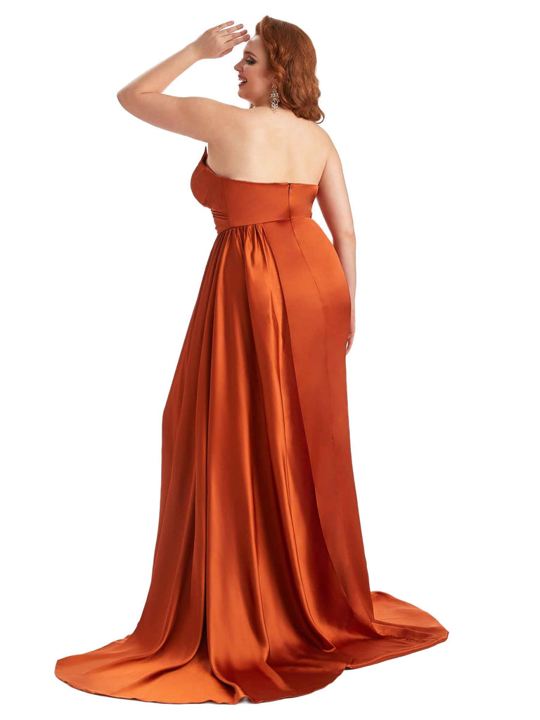 Sexy V-neck Side Slit Mermaid Soft Satin Long Plus Size Bridesmaid Gowns
