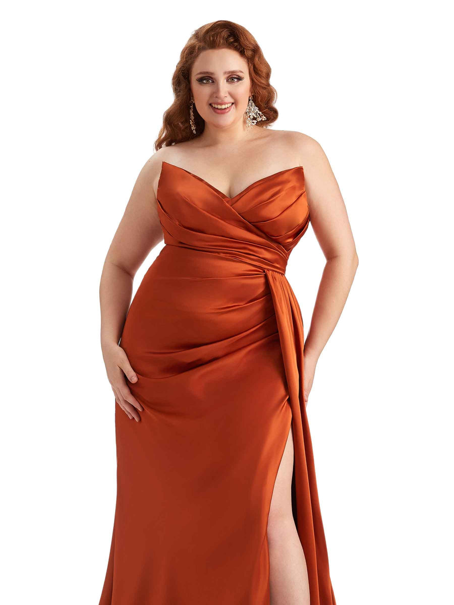 Sexy V-neck Side Slit Mermaid Soft Satin Long Plus Size Bridesmaid Gowns