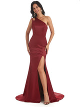 Sexy Soft Satin Side Slit One Shoulder Long Mermaid Prom Dresses