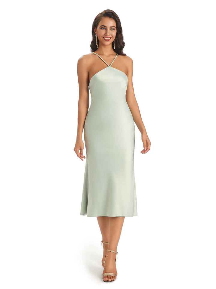 Sexy Satin Side Slit Spaghetti Straps Midi Short Prom Dresses Online