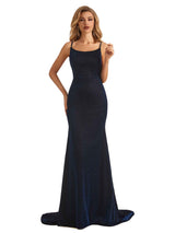Sexy Mermaid Dark Navy Spaghetti Straps Sparkly Long Party Prom Dresses