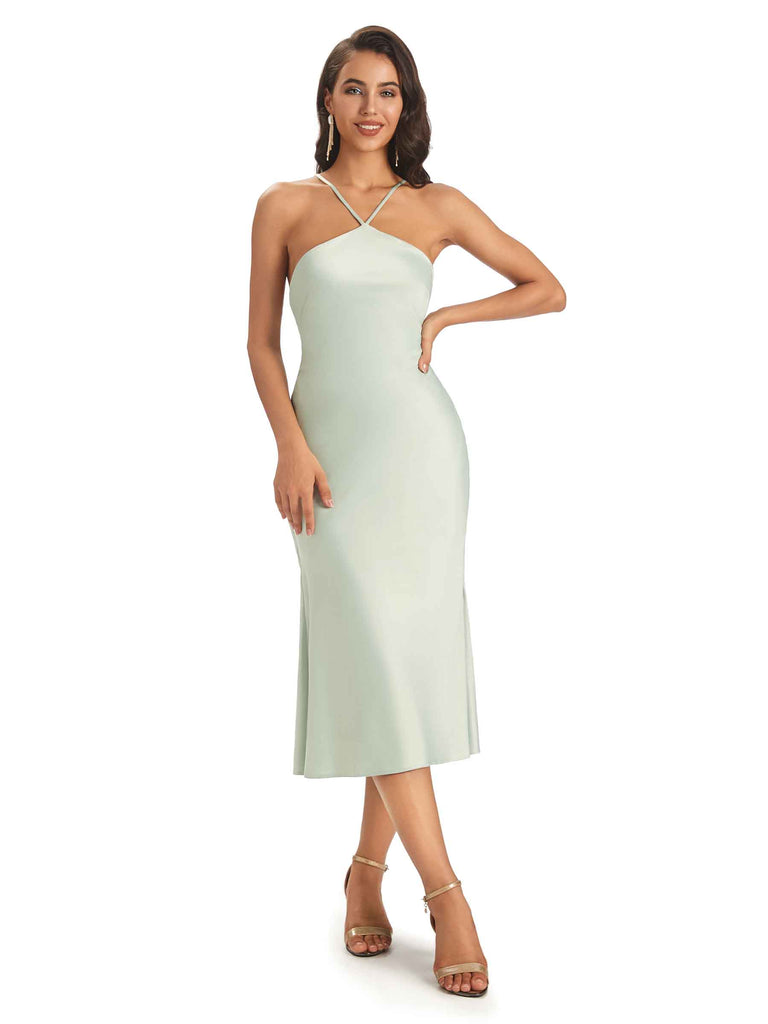 Sexy Soft Satin Side Slit Spaghetti Straps Midi Short Bridesmaid Dresses Online