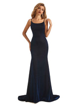 Sexy Mermaid Dark Navy Spaghetti Straps Sparkly Long Party Prom Dresses