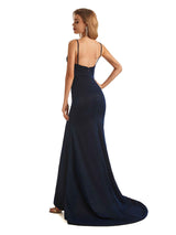 Sexy Mermaid Dark Navy Spaghetti Straps Sparkly Long Party Prom Dresses