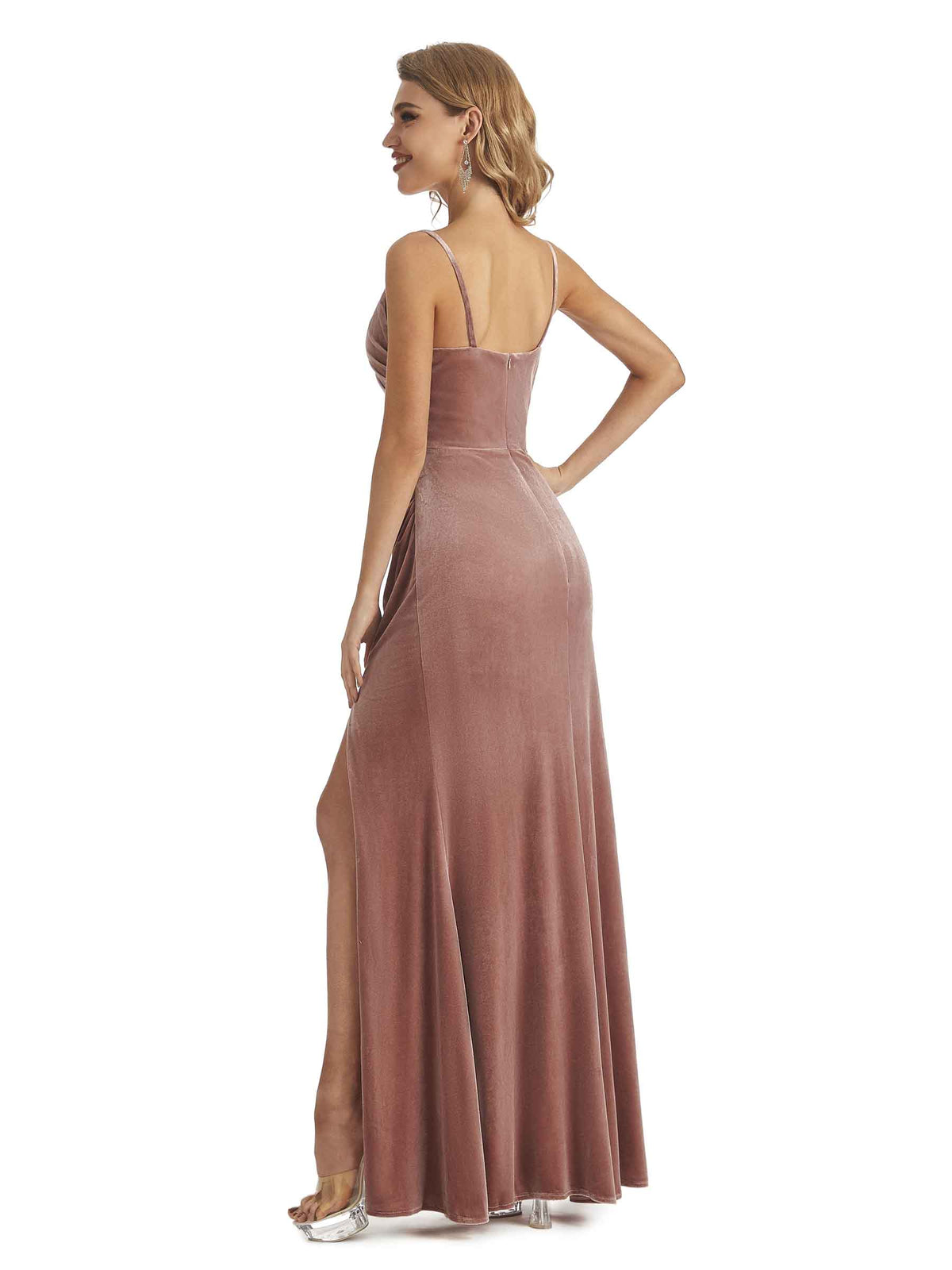 Elegant Mermaid Spaghetti Straps V-Neck Velvet Side Slit Long Bridesmaid Dresses