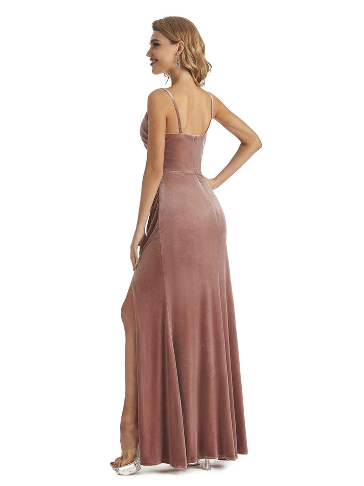 Elegant Mermaid Spaghetti Straps V-Neck Velvet Side Slit Long Wedding Guest Dresses