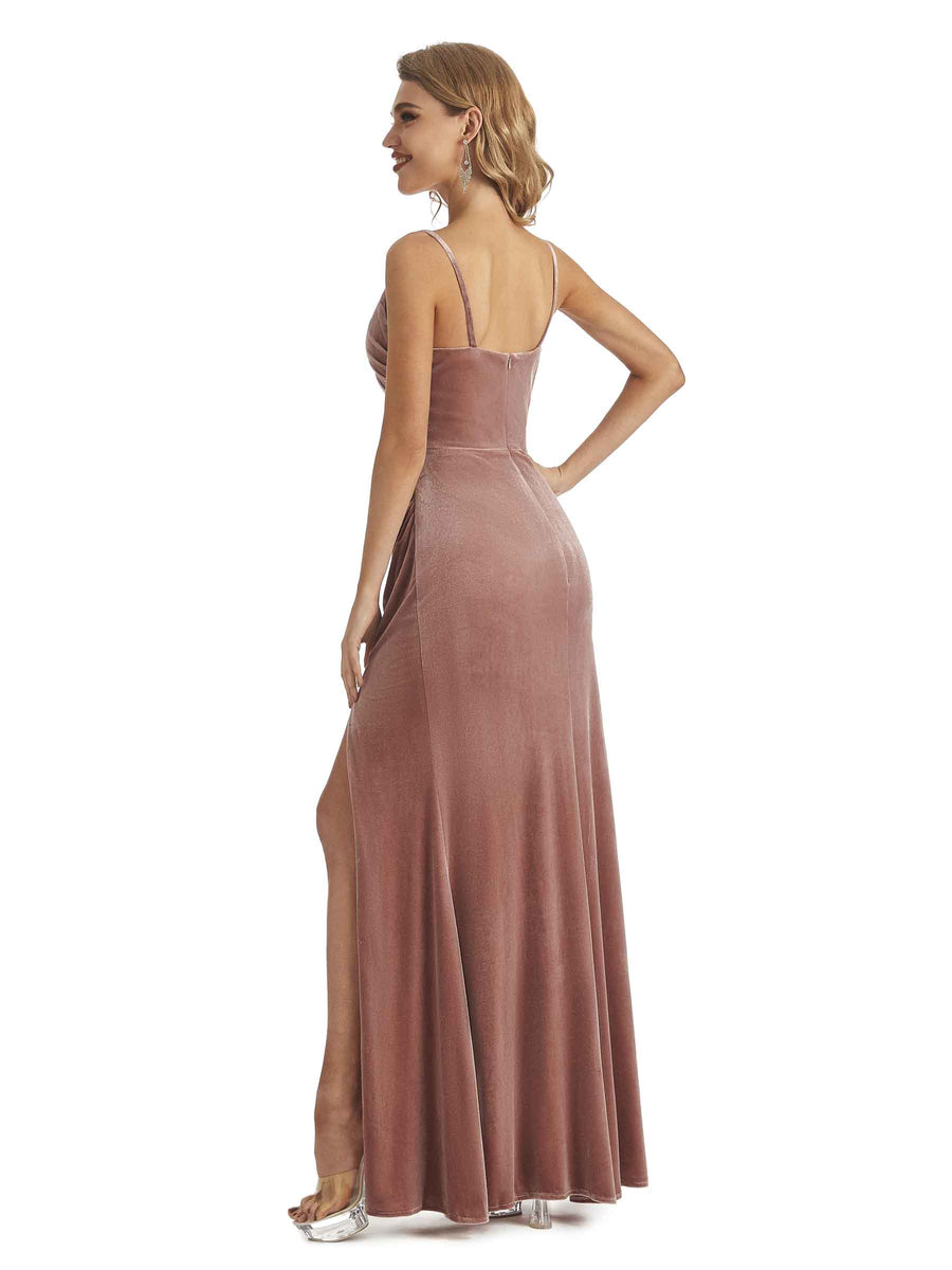 Elegant Mermaid Spaghetti Straps V-Neck Velvet Side Slit Long Bridesmaid Dresses