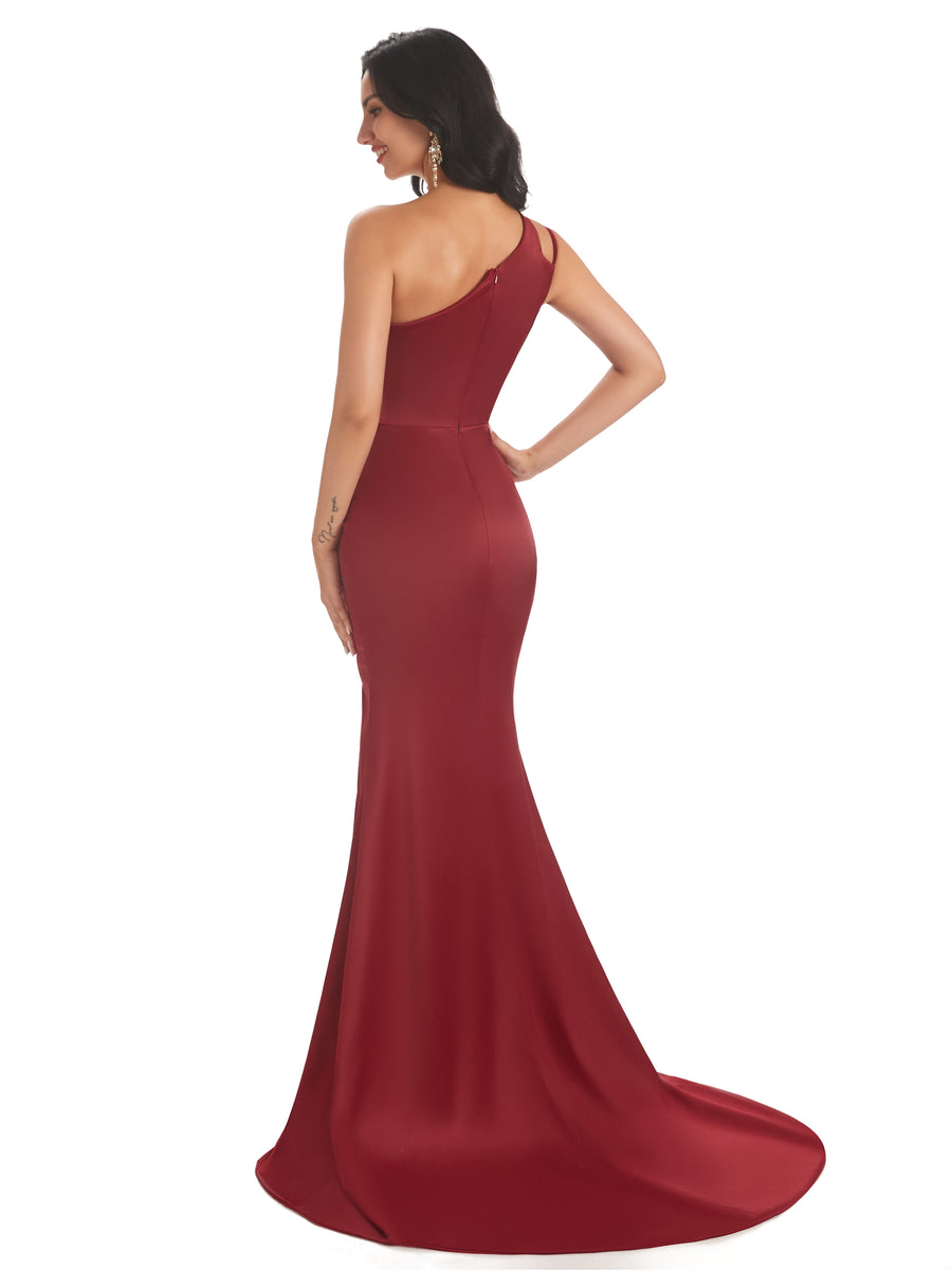 Sexy Soft Satin Side Slit One Shoulder Long Mermaid Bridesmaid Dresses